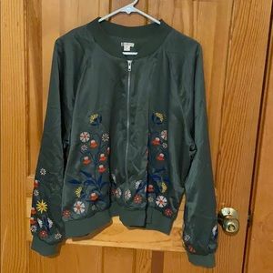 Ladies Olive Green Embroidered Silky Bomber Jacket